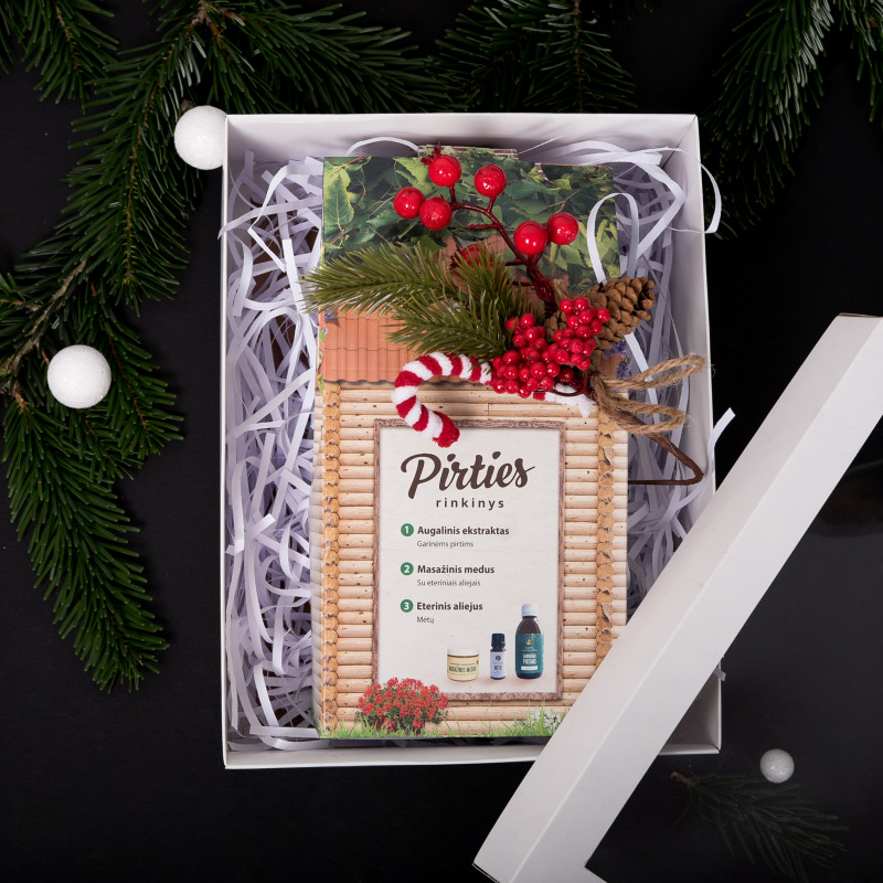 PIRTIES RINKINYS dovanų dėžutėje. Eukalipto eterinis aliejus, masažinis medus ir mėtų eterinis aliejus