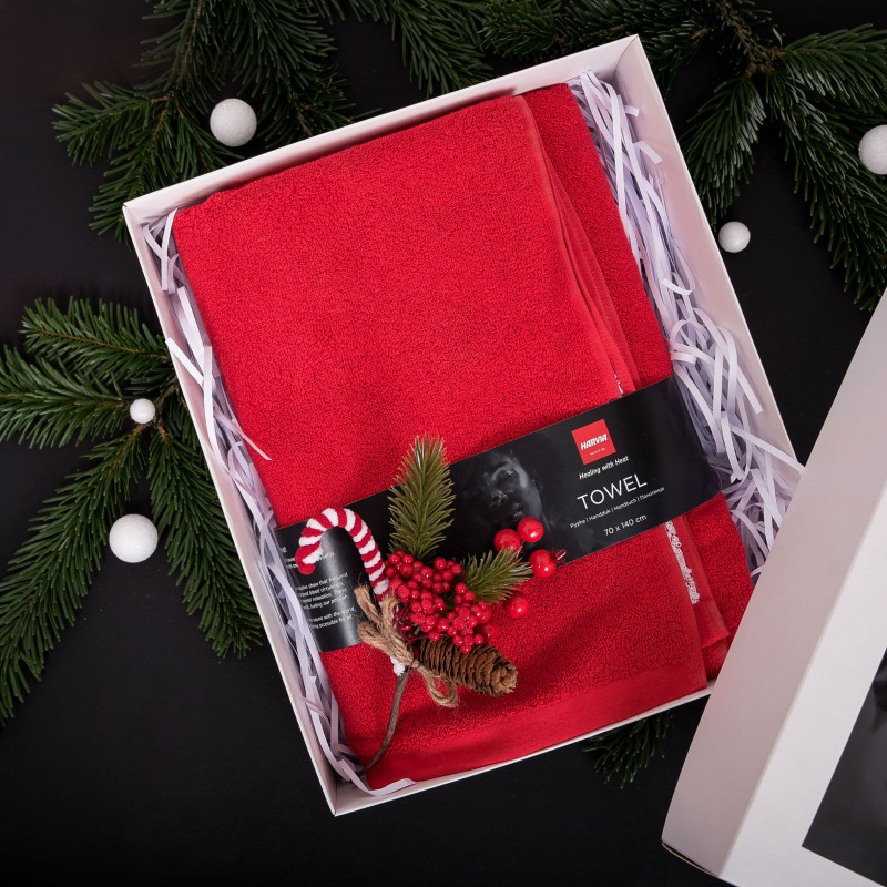 Rankšluostis dovanų dėžutėje, HARVIA, 70 x 140 cm, raudonas