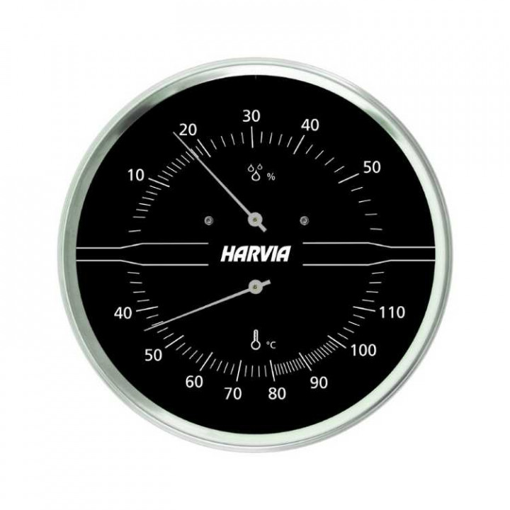 HARVIA termo-higrometras, apvalus, juodas