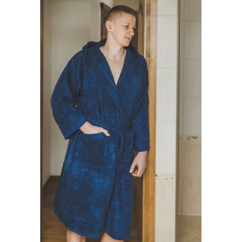 Medvilninis chalatas su gobtuvu, mėlynas