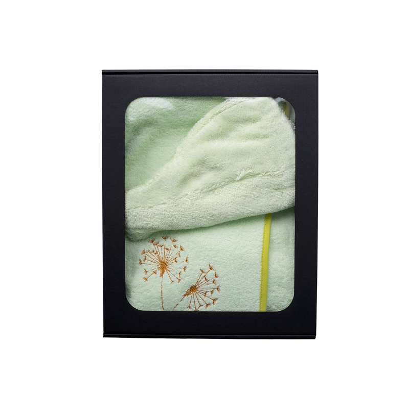 Dovanų rinkinys dovanų dėžutėje JAI. Moteriška pirties kepurė ir prijuostė - ŠVIESIAI ŽALIA