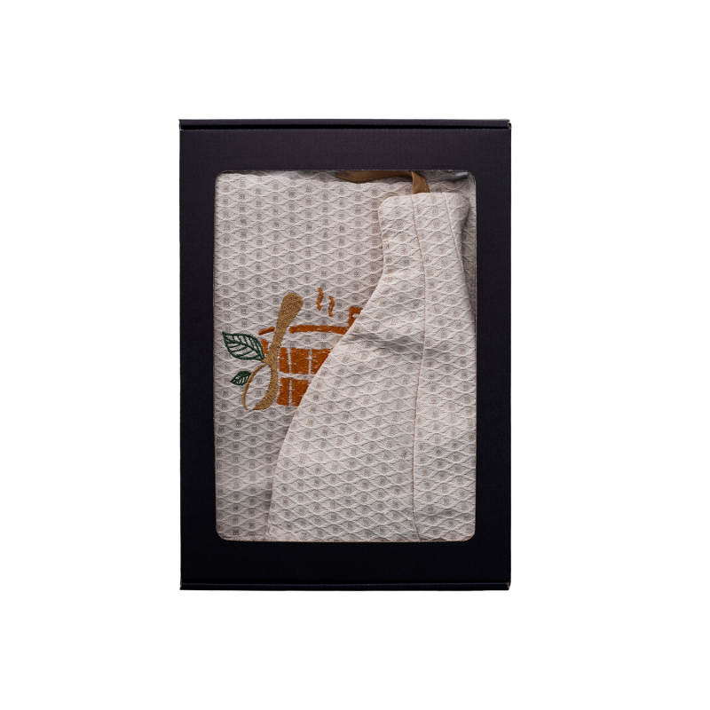 Dovanų rinkinys dovanų dėžutėje JAM. Vyriška pirties kepurė ir prijuostė - LININĖ, siuvinėta