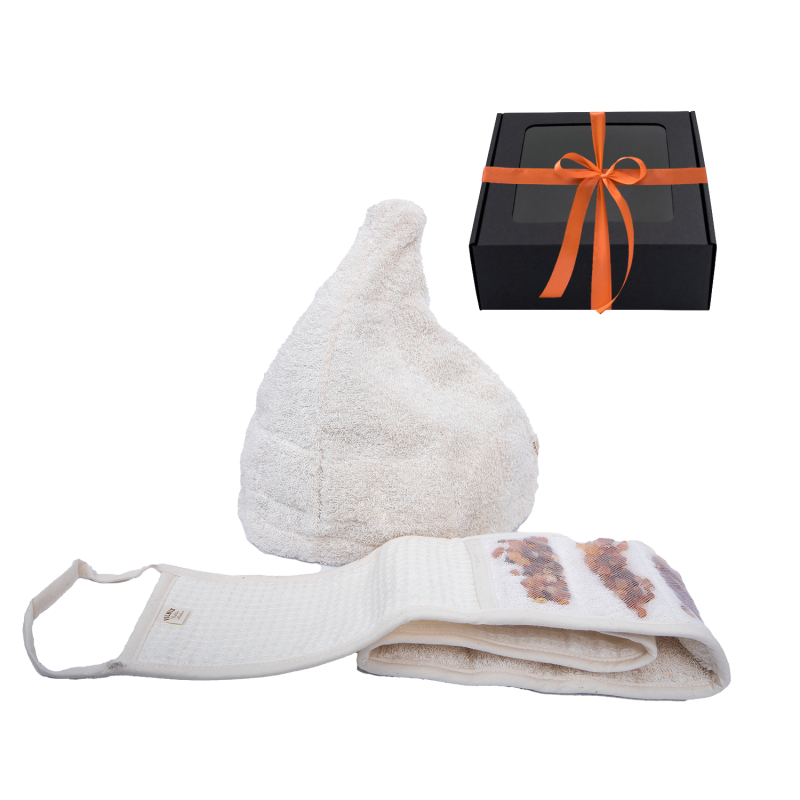 Dovanų rinkinys GINTARAI dovanų dėžutėje. Kepurė ir plaušinė