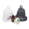 Dovanų rinkinys I LOVE SAUNA dovanų dėžutėje. Kepurių, masažinio aliejaus ir medaus - 0