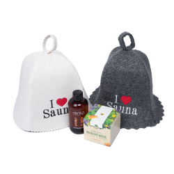 Dovanų rinkinys I LOVE SAUNA dovanų dėžutėje. Kepurių, masažinio aliejaus ir medaus  Dovanų rinkinys I LOVE SAUNA dovanų dėžutėje. Kepurių, masažinio aliejaus ir medaus