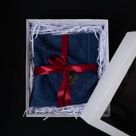 Dovanų rinkinys Jam - MĖLYNAS, 55x150 cm, dovanų dėžutėje. Prijuostė ir kepurė pirčiai 