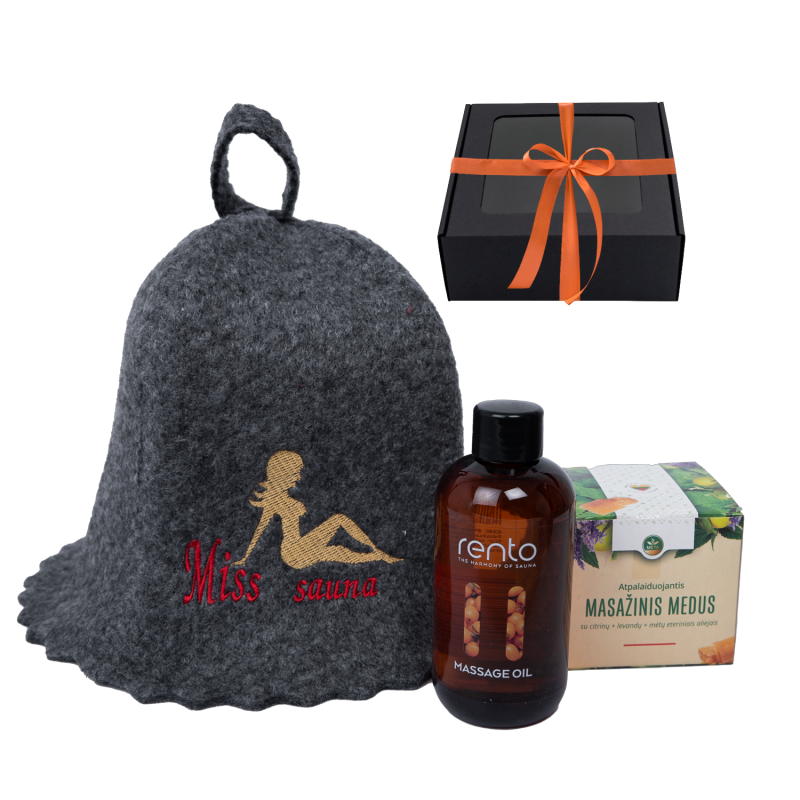 Dovanų rinkinys MISS SAUNA dovanų dėžutėje. Kepurė, masažinio aliejaus ir medaus