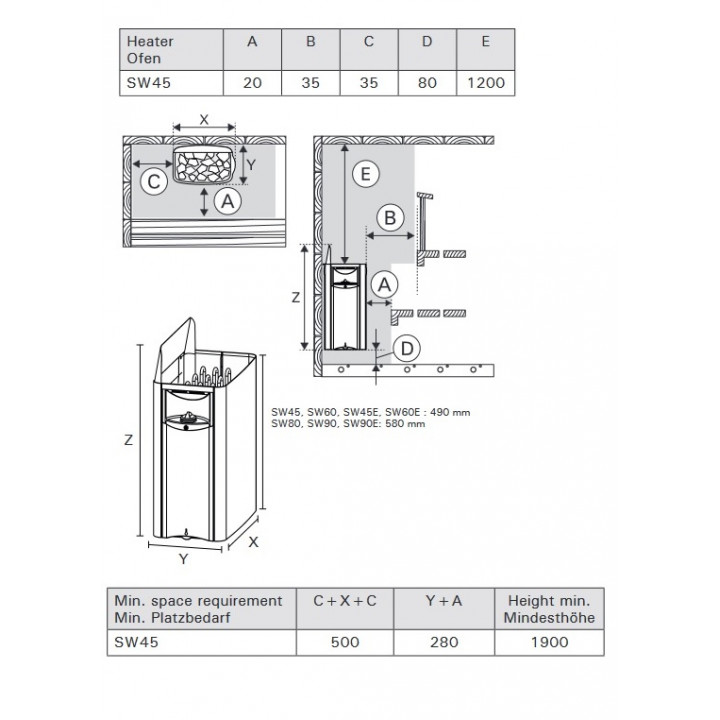 Elektrinė pirties krosnelė - HARVIA The Wall SW45 4.5 kW su mechaniniu valdymu