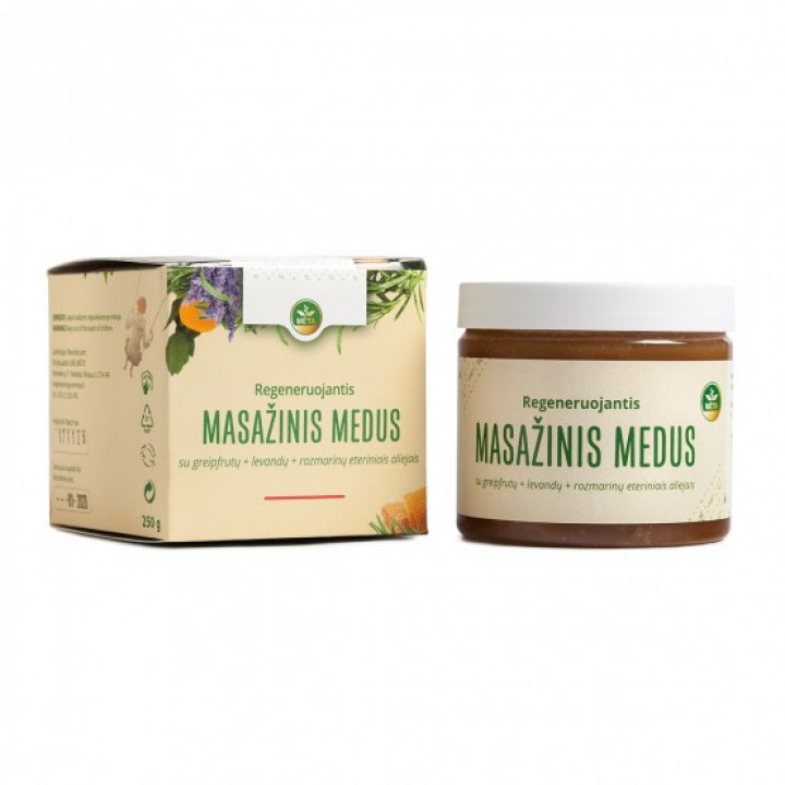 Masažinis medus su greipfrutų, levandų ir rozmarinų eteriniais aliejais, 250 g