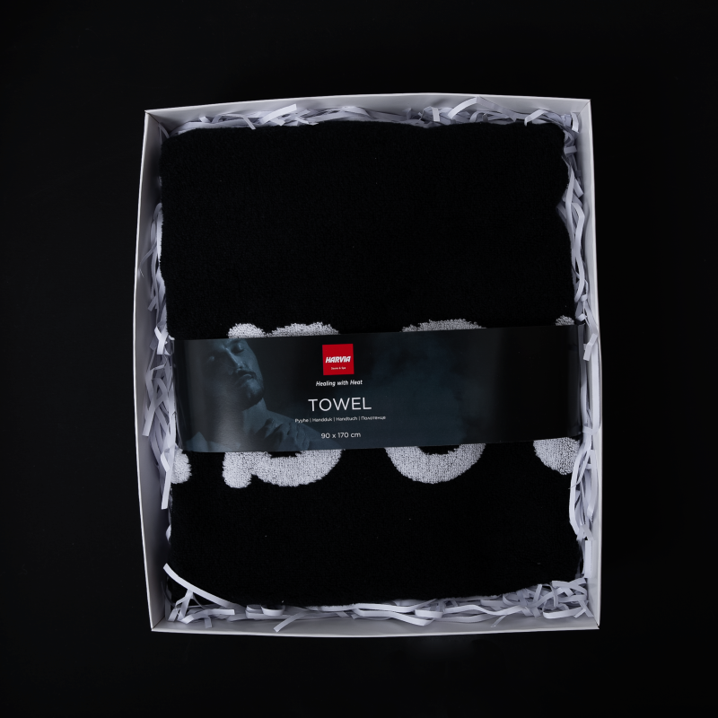 Rankšluostis HARVIA #healingwithheat dovanų dėžutėje, 90 x 170 cm, juodas