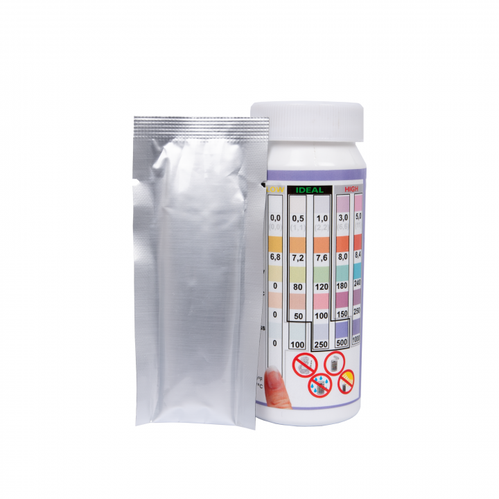 Vandens testavimo juostelės Easy-Dip 5 in 1, PH/CL/BR/Stabilizatorius/Šarmingumui/Kietumui tirti