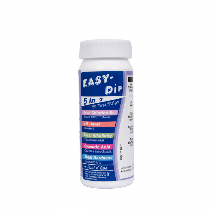 Vandens testavimo juostelės Easy-Dip 5 in 1, PH/CL/BR/Stabilizatorius/Šarmingumui/Kietumui tirti