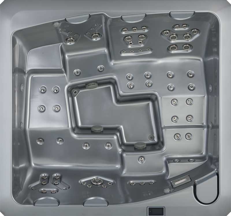 Pilkas USSPA SPA masažinis baseinas iš viršaus su ergonomiškomis vietomis ir skirtingomis purkštukų zonomis.