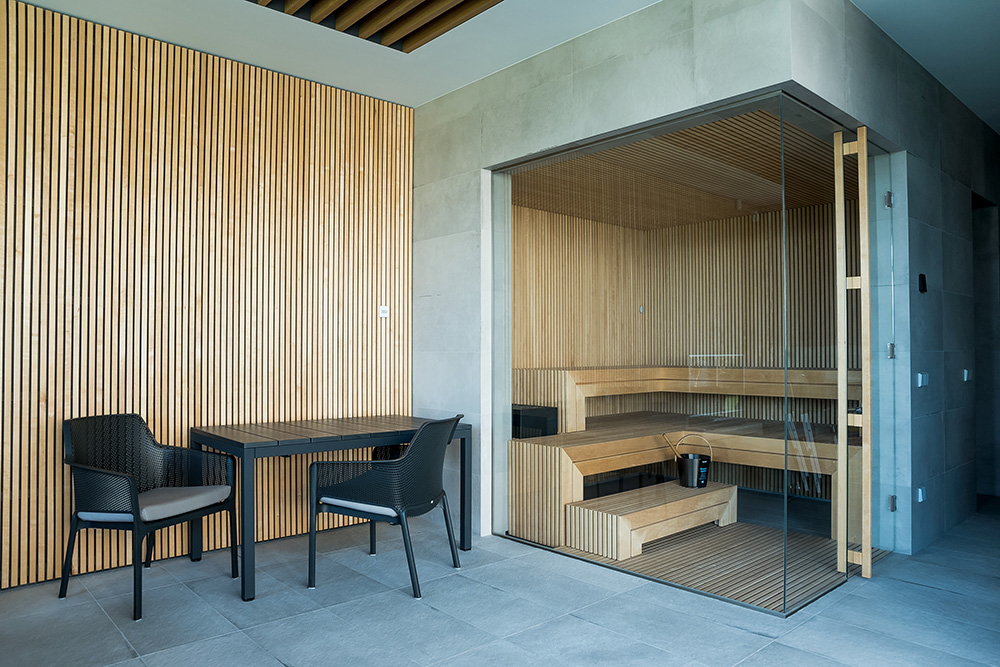 Sauna with glass wall