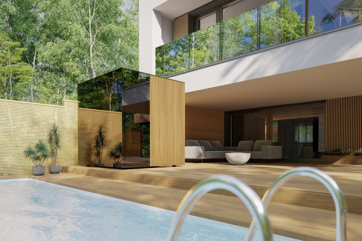A contemporary outdoor sauna with glass facades next to the pool, a modern courtyard with a terrace and a relaxation area.