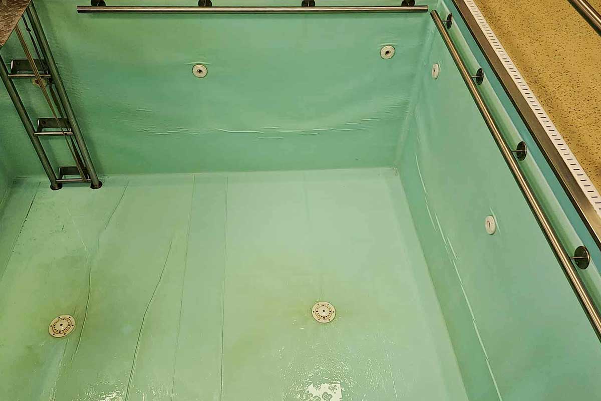 The bottom of the pool is covered with a layer of green algae, the water is cloudy and gives the impression of a neglected, unclean environment.