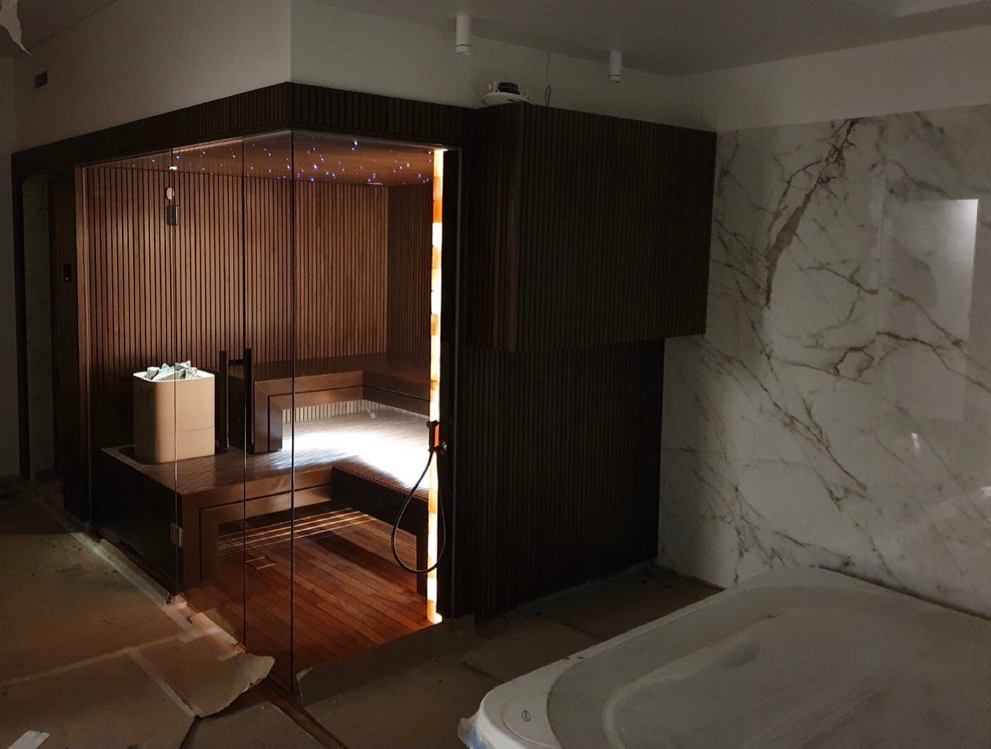 Šiuolaikinė sauna su medine apdaila