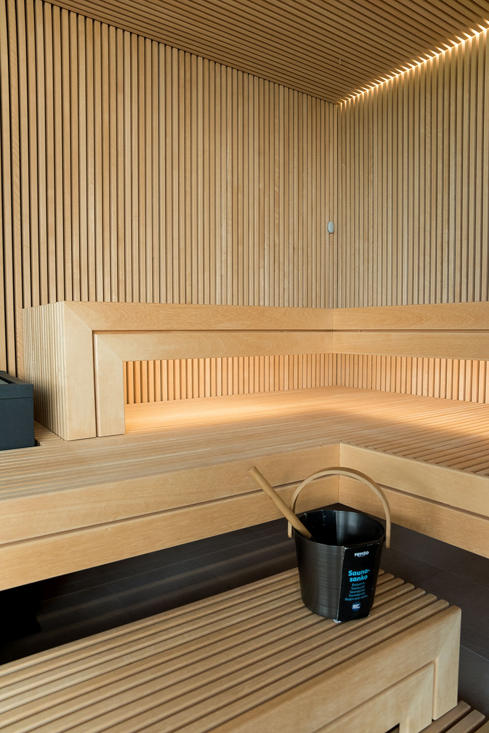 Moderni sauna su garo funkcija ir stiklo vitrina
